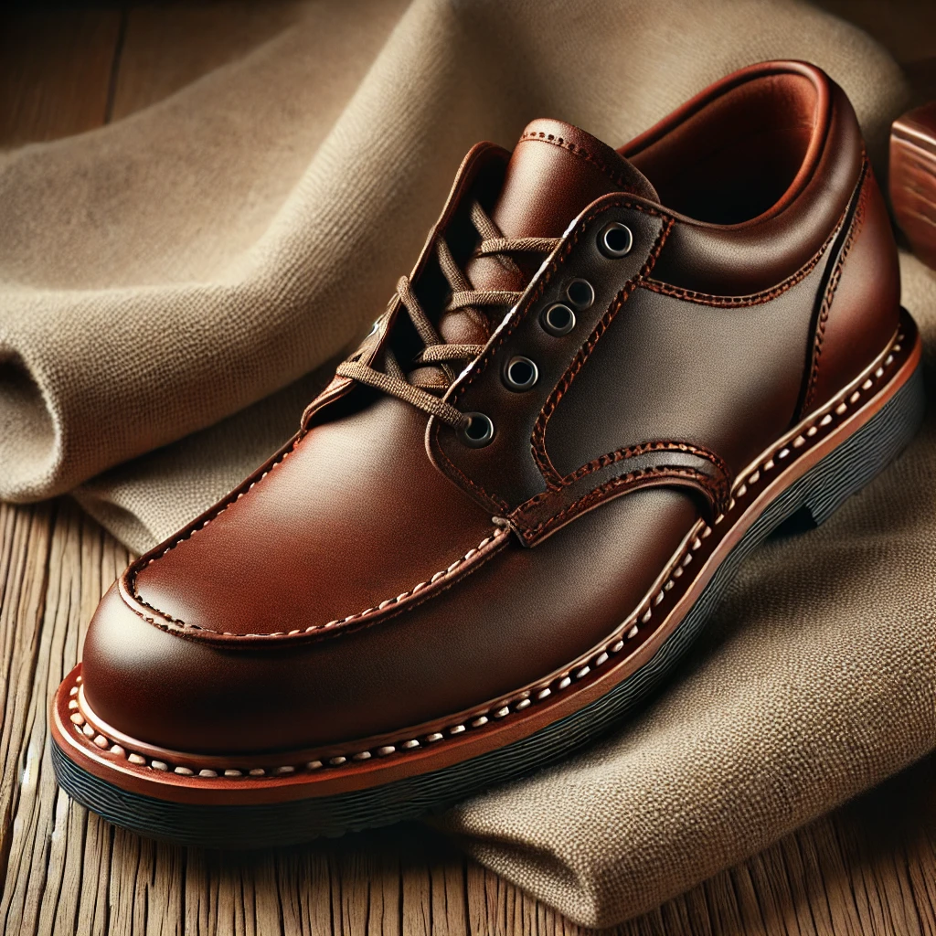 DALL·E 2024 08 30 10.23.46 A high quality image of a premium leather shoe placed on a wooden surface. The shoe looks durable with detailed stitching and a classic design. The se