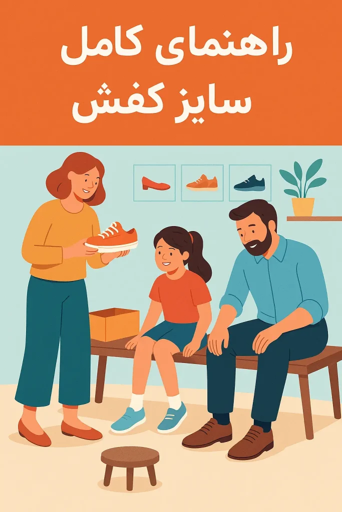 سایزبندی کفش: راهنمای جامع مردانه، زنانه و بچه‌گانه، شامل روش دقیق اندازه‌گیری پا و جداول تبدیل سایز. برای خریدی راحت و تضمین سلامت پای شما.
